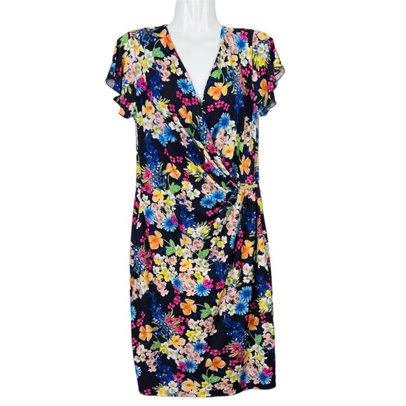 Leona Edmiston Dress Multicoloured Floral Draped Buckle Knee Length Size M 12 - Picture 5 of 11